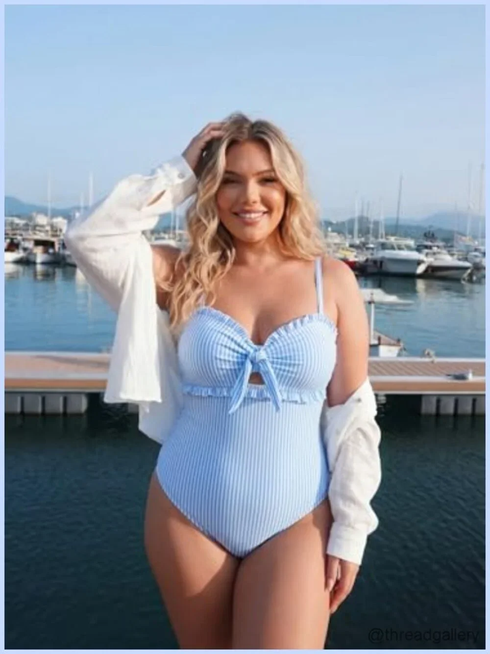 Women's One Piece Swimsuit Knotted Front Ruffle Trim Tummy Control Cutout